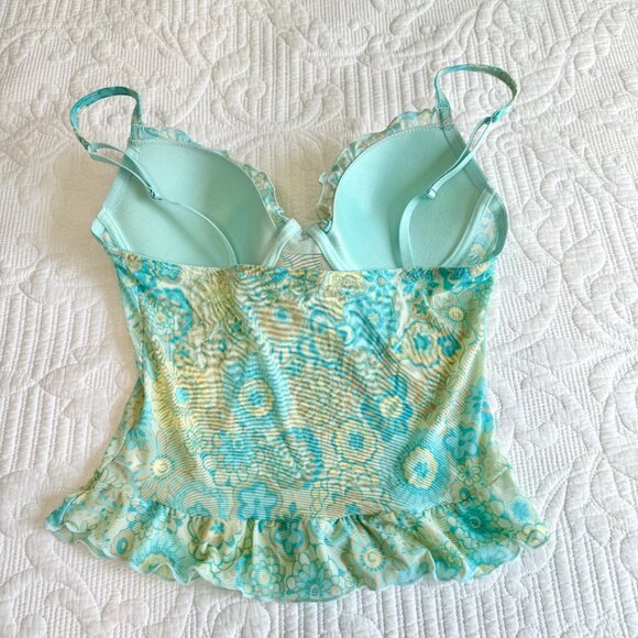 Y2K Mesh Bustier Cami Top Retro Turquoise Flowers & Ruffles Bed of Roses 36B - Picture 6 of 9
